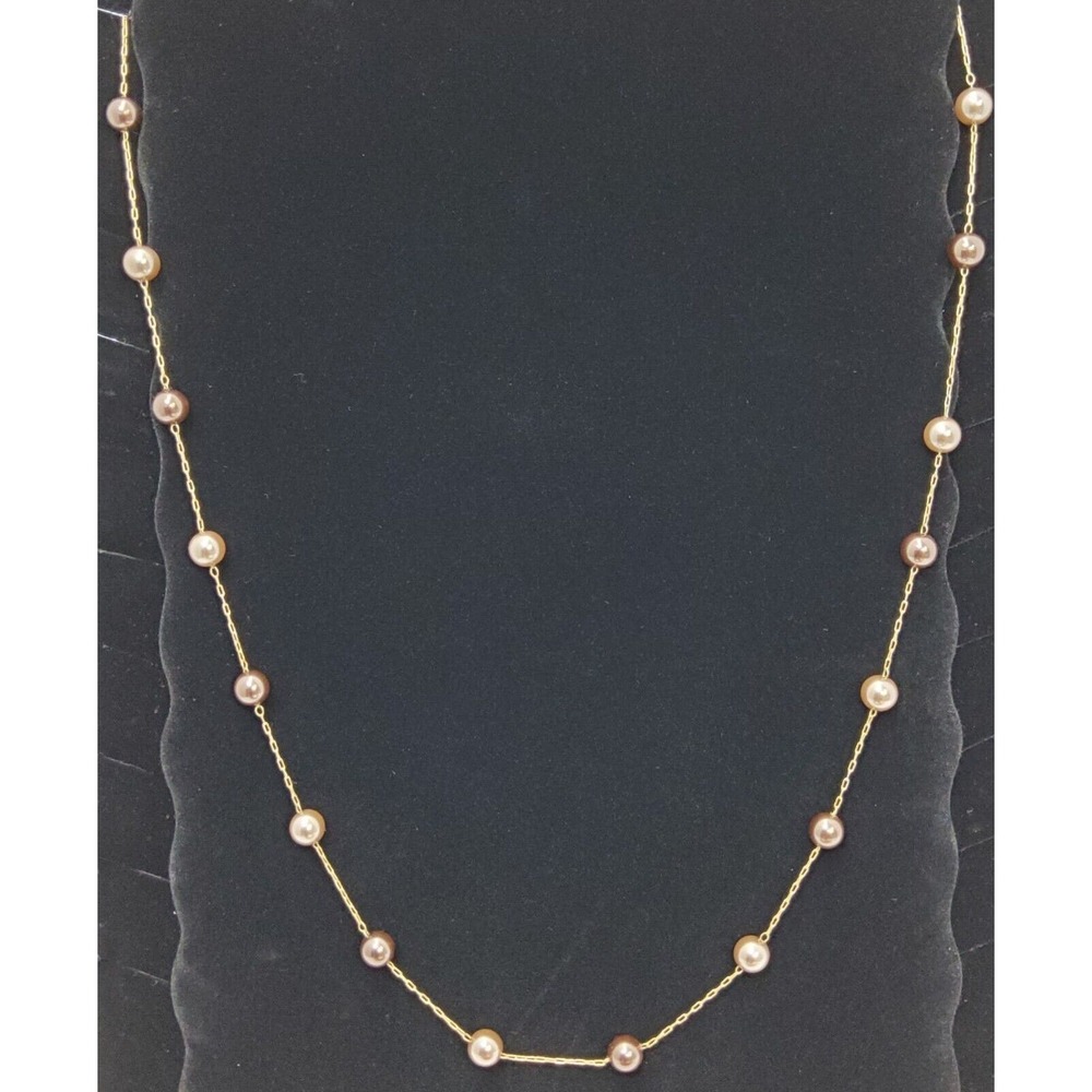 Roman RMN Signed Faux Taupe Champagne Pearl Thin Gold Necklace 30 Inch Vintage